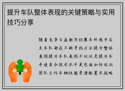 提升车队整体表现的关键策略与实用技巧分享